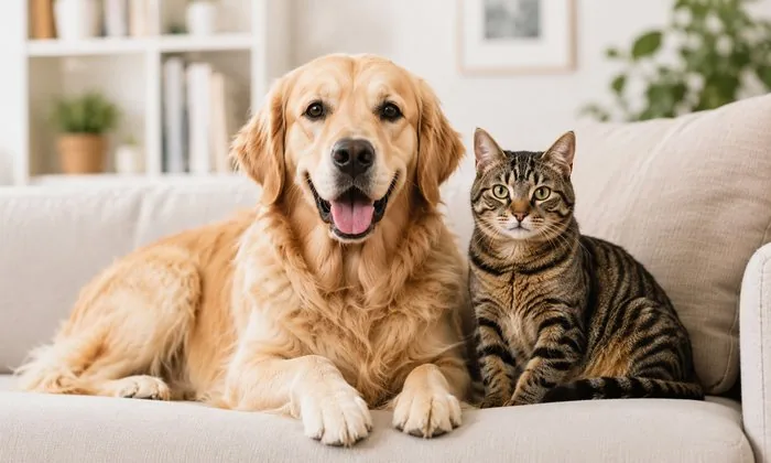 Cachorro e gato juntos no sofá