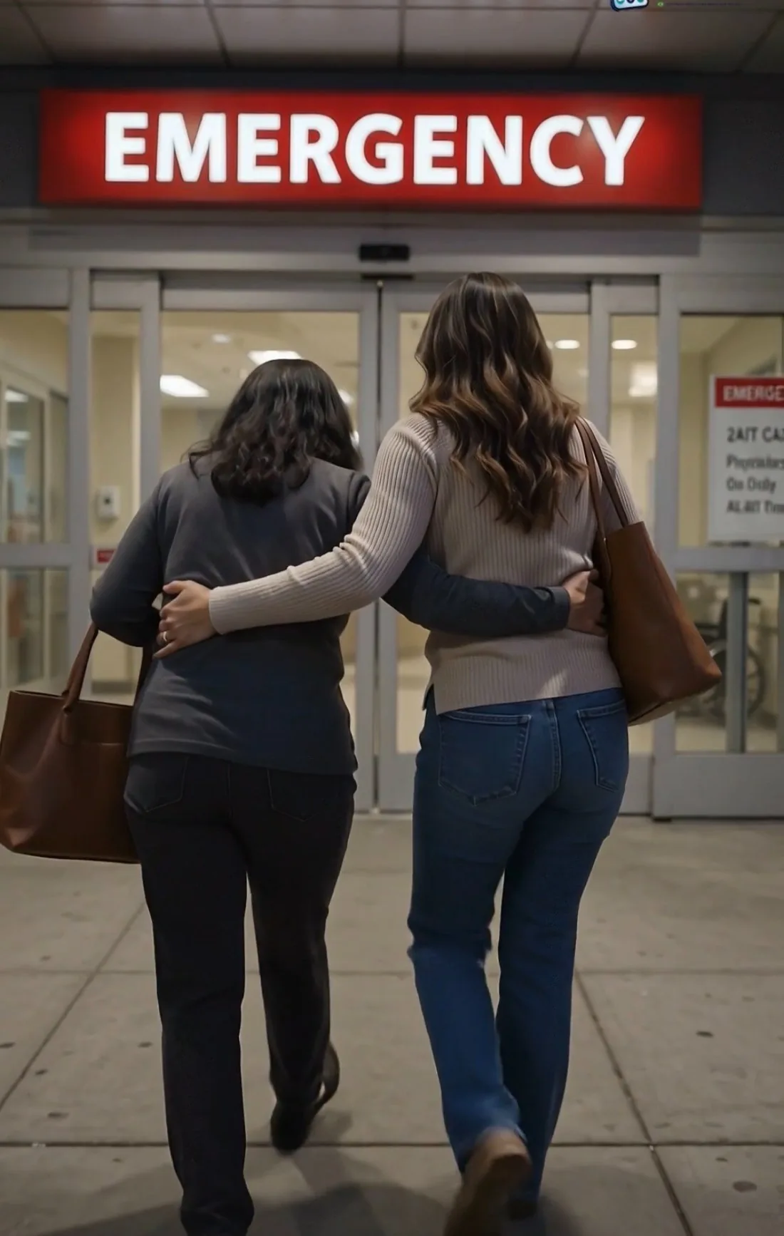 Duas mulheres entrando na emerg&ecirc;ncia de um hospital