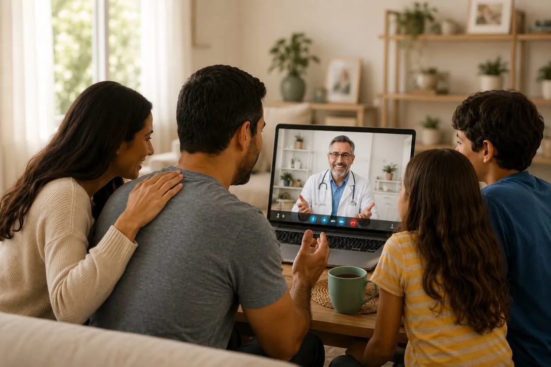 Família em videochamada com o médico pelo notebook