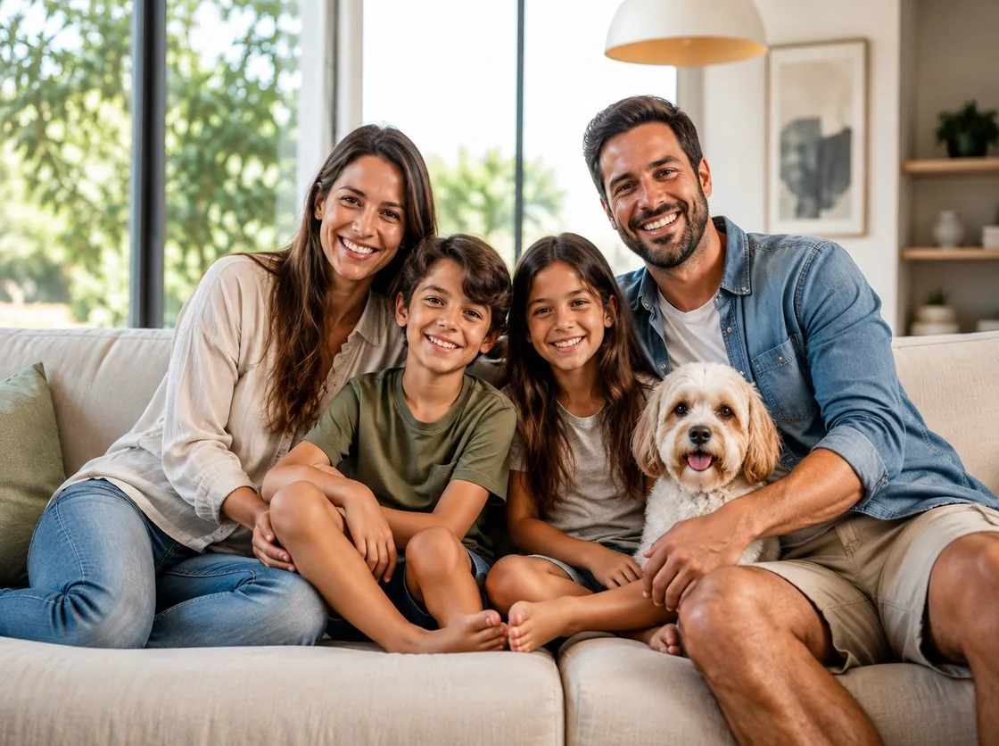 Família sorrindo no sofá com o pet