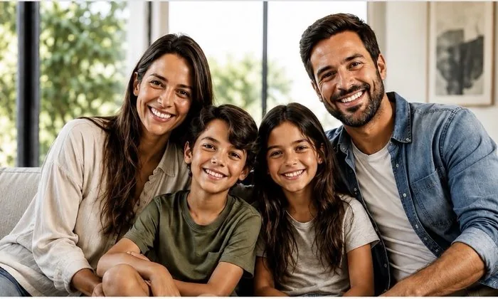 Família sorrindo no sofá