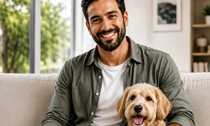 Homem sorrindo com seu cachorro no sofá