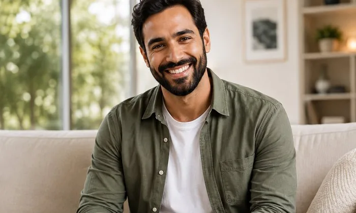Homem sorrindo em videochamada