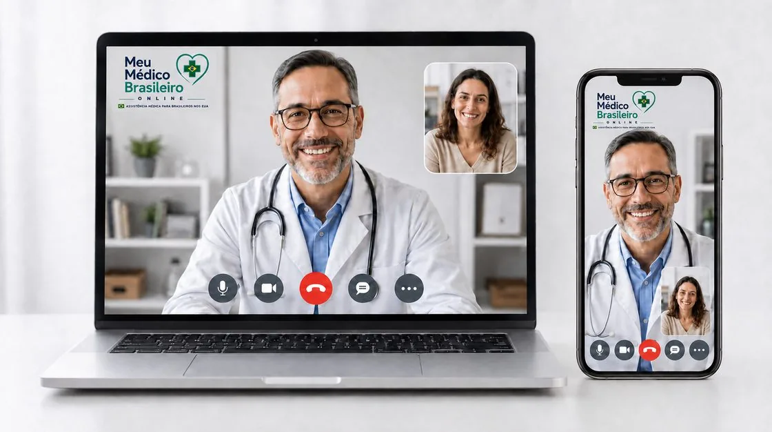 Médico sorrindo, atendendo pelo laptop e pelo celular